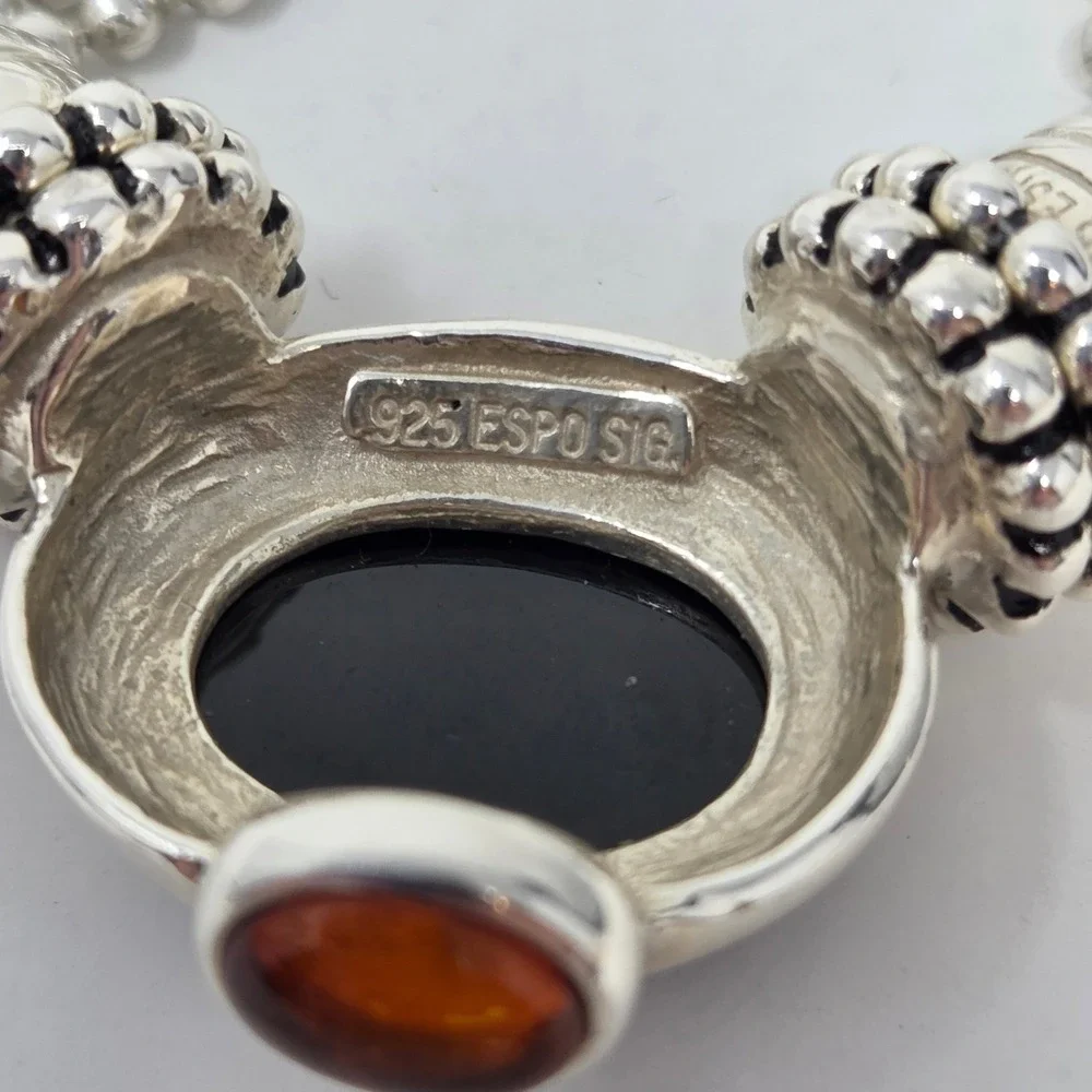 ESPO Sterling Silver 5 Strand Oval Black Onyx Amber Accent Snap Necklace 18